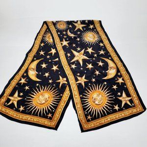 Vintage Casca Scarf Celestial Silk Neck Scarf Sun Moon Stars Black Gold